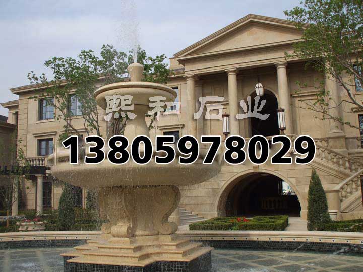石雕喷泉图极价钱，米黄色花岗岩成品跌水钵的价格